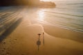 Warm sunrise on ocean with shadow by surfers and waves. Joaquina beach in Brazil Royalty Free Stock Photo