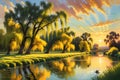 Warm Sunset Casting a Golden Hue Over a Lazy River with Overhanging Weeping Willows - Distant Laughter Echoing Royalty Free Stock Photo