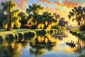 Warm Sunset Casting a Golden Hue Over a Lazy River with Overhanging Weeping Willows - Distant Laughter Echoing