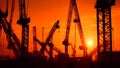 In warm sunset a construction cranes silhouettes is noticeable. Generative AI Royalty Free Stock Photo