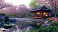 Sunset Glow at a Peaceful Japanese Pavilion by a Koi Pond. Resplendent. Royalty Free Stock Photo