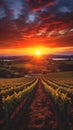 Warm sunset glow on vineyard rows with a picturesque backdrop. Concept of serene vineyard at sunset, pastoral beauty