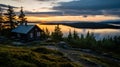 Warm sunset hues on a tranquil cabin by the lakeside