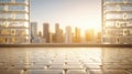 Warm Sunset Light Frames a Blurred View of a City Through Glass Bricks in the Center Space of an Interior Area Royalty Free Stock Photo