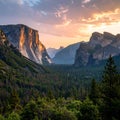 El Capitan and Half Dome in Yosemite Valley at sunset with warm light on granite cliffs Royalty Free Stock Photo