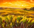 Warm sunset in mountains artistic painting background.