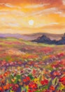 Warm sunset in mountains artistic painting background. Royalty Free Stock Photo