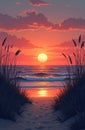 Warm sunset over ocean waves viewed from sandy path with beach grass. Red orange sky with clouds reflects on water surface. Royalty Free Stock Photo