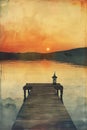 Warm sunset over a tranquil lake with a lantern on a wooden dock, evoking a sense of peace and solitude. Royalty Free Stock Photo