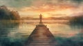 Warm sunset over a tranquil lake with a lantern on a wooden dock, evoking a sense of peace and solitude. Royalty Free Stock Photo