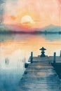 Warm sunset over a tranquil lake with a lantern on a wooden dock, evoking a sense of peace and solitude. Royalty Free Stock Photo