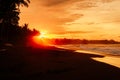 Warm sunset or sunrise with ocean waves and palms at black sand beach