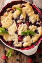 Warm sweet cobbler of raspberries and blueberries close-up in a Royalty Free Stock Photo