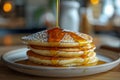 Warm syrup cascades over a fluffy stack of pancakes. AI generated