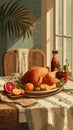 Warm table setting with roasted chickens and fresh fruits in cozy kitchen, AI Generated Royalty Free Stock Photo