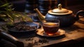 Warm Tea Ambiance. A serene setting with tea cups and pot and scattered black pu-erh tea. Japanese tea ceremony. Perfect