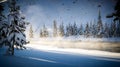 Warm, thermal mist rises from the river surrounded by snow and pine trees