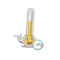 Warm thermometer mascot design concept smiling with clock Royalty Free Stock Photo
