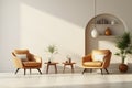 Warm toned living space Cream armchairs, white wall mockup background