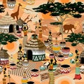 African Life Women in Savanna Tribal Village Vector Seamless Fabric Pattern Background Royalty Free Stock Photo