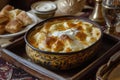 A warm tray of aish el saraya with bread pudding and cream. Royalty Free Stock Photo