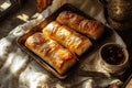 A warm tray of Bedfordshire clanger with meat and jam ends. Royalty Free Stock Photo