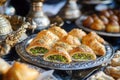 A warm tray of karabij with pistachio-filled pastries. Royalty Free Stock Photo
