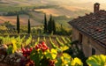 The warm Tuscan sun rises over lush vineyards, casting a golden glow over the idyllic, rolling hills of a rustic Italian Royalty Free Stock Photo