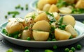 Warm vegetarian new baby potato salad with petit pois peas, Dijon mustard and capers dressing, served with fresh dill