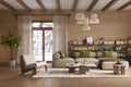 Cozy home interior with beige wood walls. Wall mockup, 3d rendering