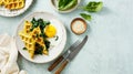 Warm waffles with spinach, cheese and fried egg. Royalty Free Stock Photo