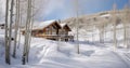 A Warm and Welcoming Cabin on a Snow-Blanketed Mountain, Framed by Quaking Aspens