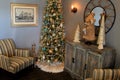 Beautiful Christmas tree with ornaments in a seashore theme, with comfy chairs, Union Bluff Hotel, Maine, 2017