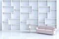 Warm white room decor with shelves wall, tile floor, carpet, branch,sofa.