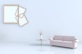 Warm white room decor with shelves wall, tile floor, carpet, branch,sofa.