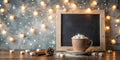 Warm winter beverage scene with festive lights and blank sign. Generative AI Royalty Free Stock Photo