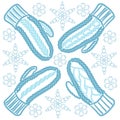 Blue knitted mittens and snowflakes