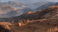 Warm Winter In Romania. Dumesti, Alba, West Romanian Mountains Muntii Apuseni . Beautiful Morning Rural Landscape With Lonely T