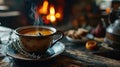 Warm winter soup in colorful clay dish in a rustic cottage