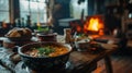 Warm winter soup in colorful soup bowl within a rustic cottage