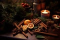 Warm winter spices like cinnamon sticks, nutmeg and oranges grouped with linen garlands and fur rosemary on fine olive wood.