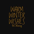 Warm winter wishes be marry. Inspiring quote, creative typography art with black gold background