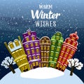 Warm winter Wishes. Little town under the snow. Vector illustrated greeting card, post card, invitation