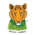 Warm wishes, Merry Christmas New Year`s card design Tiger head in a knitted sweater and a green scarf. Sketch drawing. Black cont Royalty Free Stock Photo