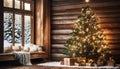 Warm wooden cabin interior with a christmas tree decorated and shinning with lights full of gift under. Next to a window with Royalty Free Stock Photo