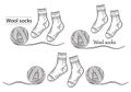 Warm wool socks with yarn ball outline icons set. Hand knitted. Winter textile clothes. Handmade knitwear. Label packaging. Vector