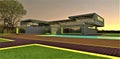Warm yellow colour as a night decoration of the contemporary family estate territory. 3d rendering