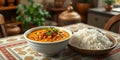 Warm Yellow Lentil Curry with Fluffy White Rice on Rustic Table Royalty Free Stock Photo