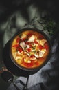 Warming autumn soup with red lentils, chicken fillet, vegetables, spices and paprika, comfort food. Green table, hard light with Royalty Free Stock Photo