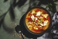 Warming autumn soup with red lentils, chicken fillet, vegetables, spices and paprika, comfort food. Green table, hard light with Royalty Free Stock Photo